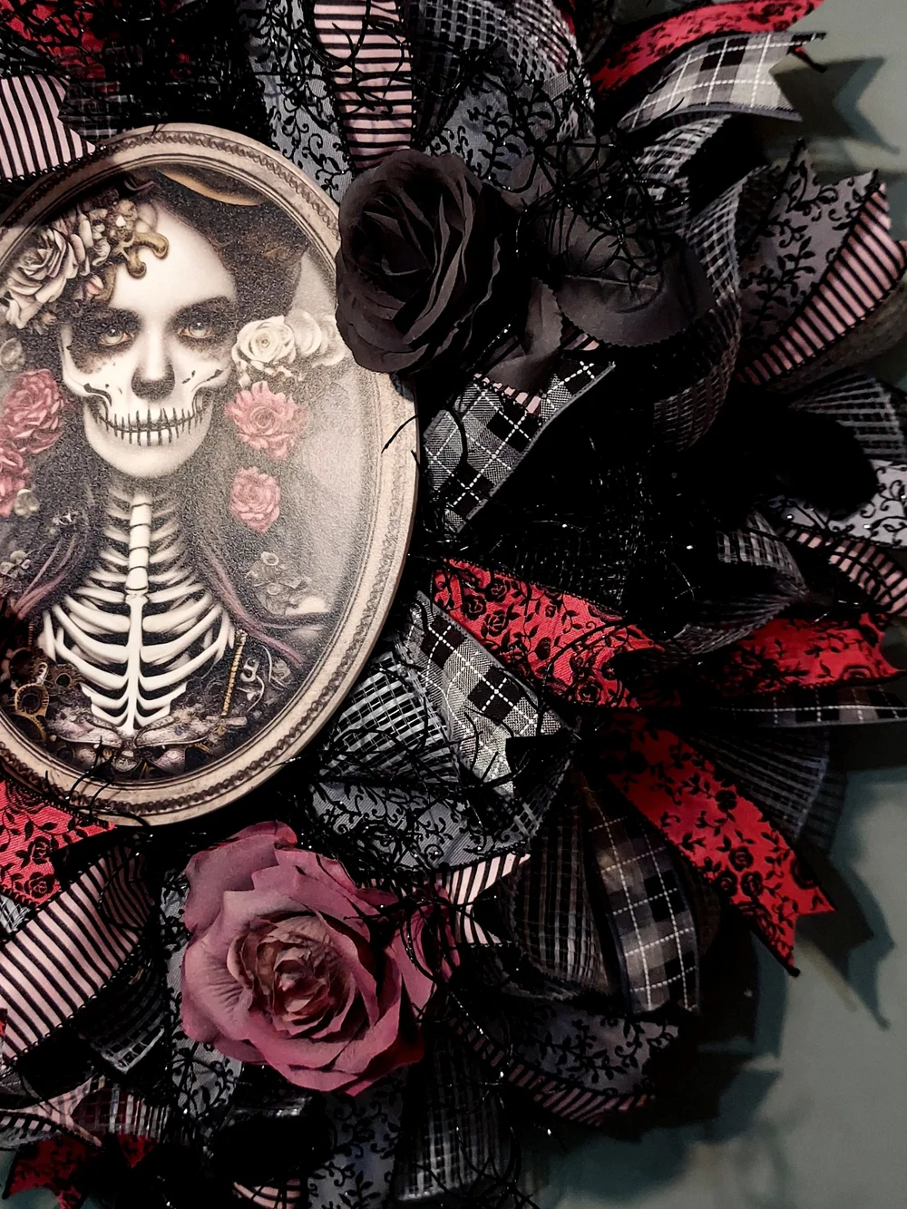 Hand Crafted Black & Pink Gothic Skeleton Portrait Wreath